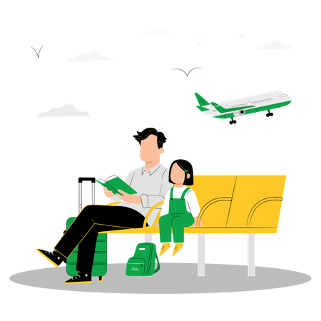 Homme et petite fille attendant l'avion  Illustration