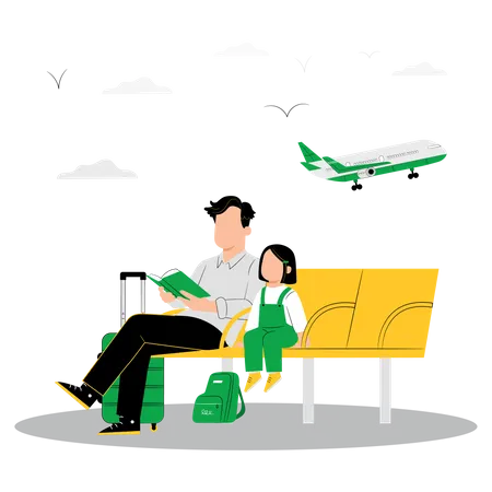 Homme et petite fille attendant l'avion  Illustration