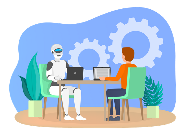 Homme et robot travaillant ensemble au bureau  Illustration