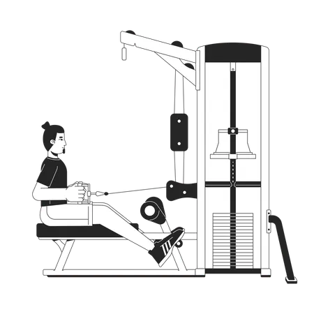 Homme étirant le câble sur une machine à rangée assise  Illustration