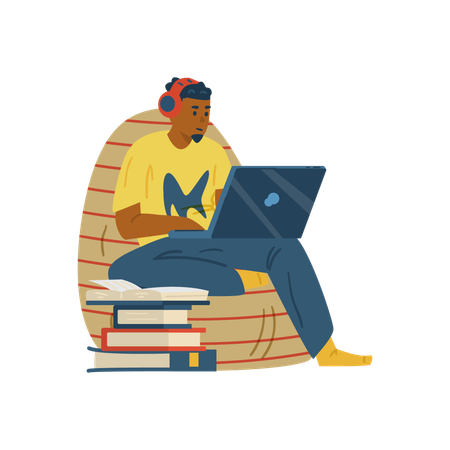 Un homme étudie à distance ou participe à un webinaire en ligne  Illustration