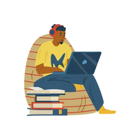 Un homme étudie à distance ou participe à un webinaire en ligne  Illustration