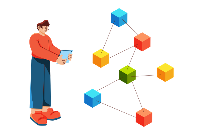 Homme étudiant la technologie blockchain  Illustration