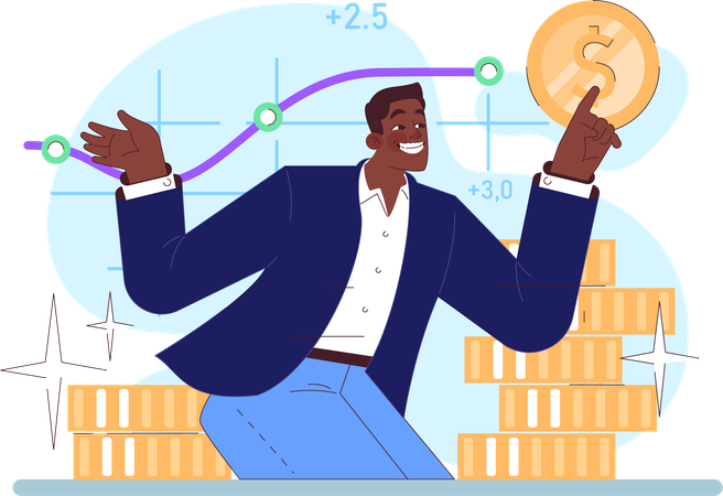 Homme excité faisant du trading  Illustration