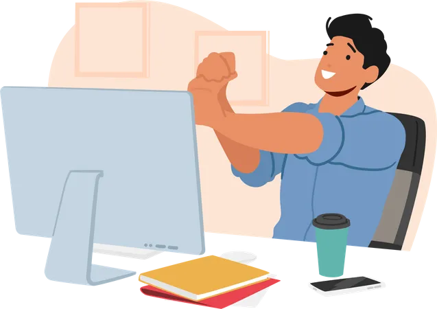 Exercice masculin sur le lieu de travail de bureau assis devant un ordinateur de bureau  Illustration