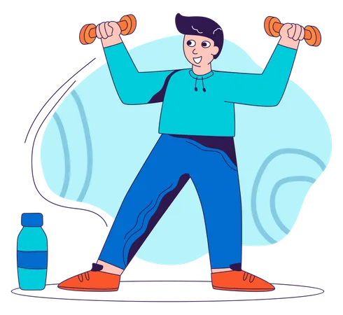 Exercice d'homme avec haltère et bouteille d'eau  Illustration