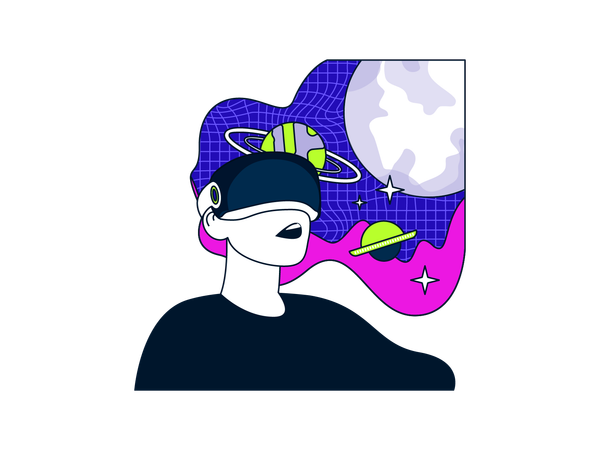 Homme explorant des planètes en utilisant la réalité virtuelle  Illustration