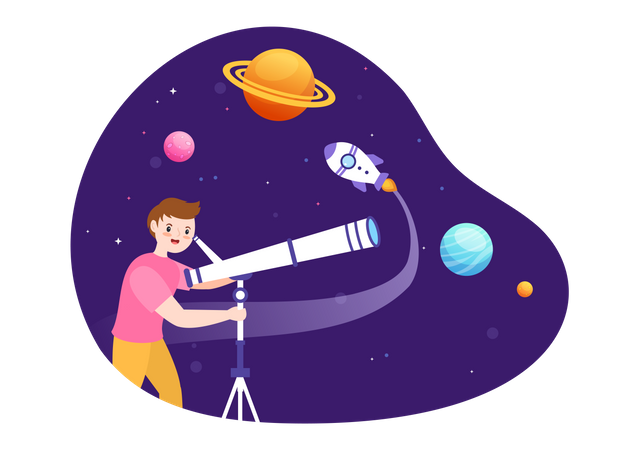 Homme explorant l'espace à travers un télescope  Illustration