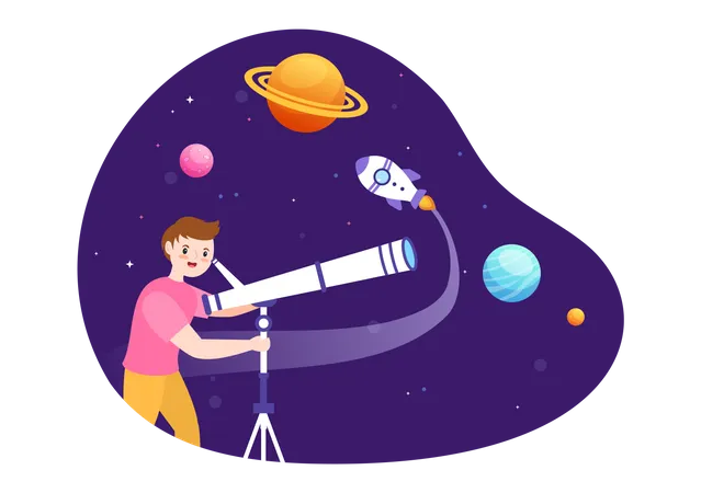 Homme explorant l'espace à travers un télescope  Illustration