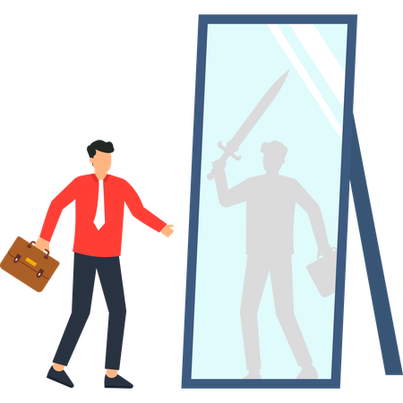 Homme face au miroir avec une épée Confiance en soi Ambition et succès  Illustration