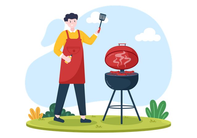 Homme faisant un barbecue avec une spatule  Illustration