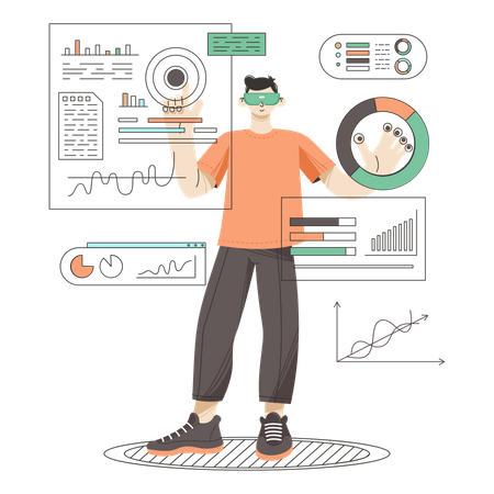 Homme effectuant une analyse de données à l'aide de VR  Illustration