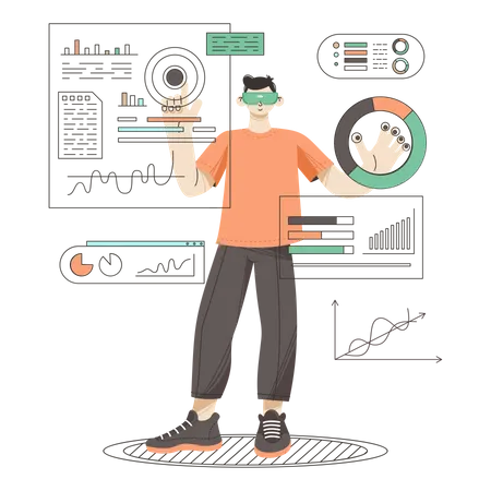 Homme effectuant une analyse de données à l'aide de VR  Illustration