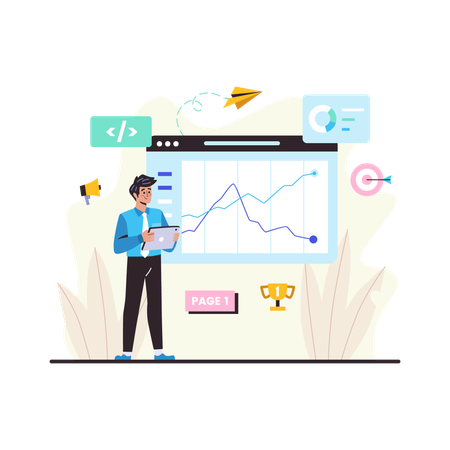 Homme faisant une analyse SEO  Illustration