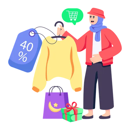 Homme faisant du shopping de vente de tissus du Ramadan  Illustration