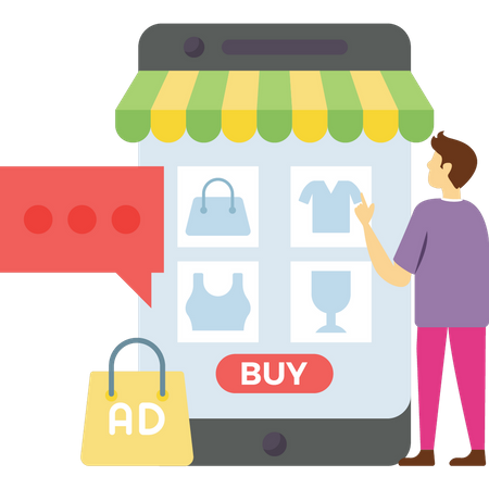 Homme faisant des achats en ligne depuis l'application  Illustration