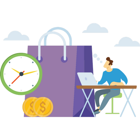 Homme faisant des achats en ligne à temps  Illustration