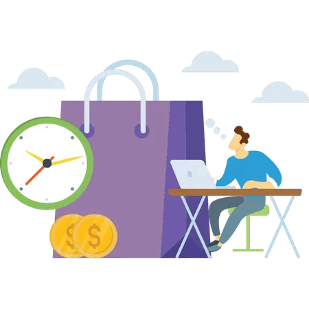 Homme faisant des achats en ligne à temps  Illustration