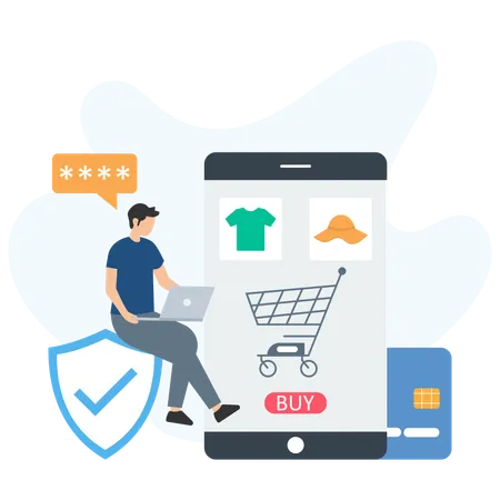 Homme faisant des achats en ligne à l’aide d’une application mobile  Illustration