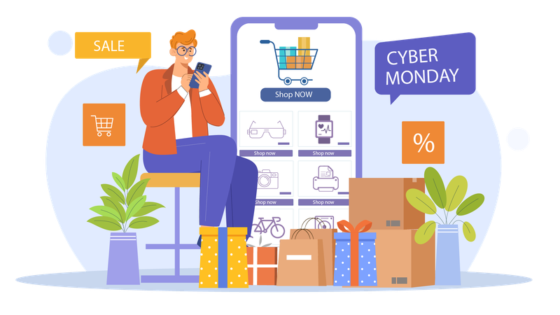 Homme faisant des achats en ligne pendant la vente du cyber lundi  Illustration