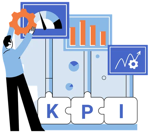 Homme effectuant une analyse et des performances des indicateurs clés de performance  Illustration