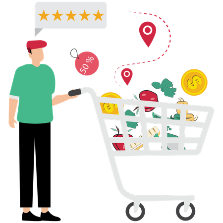 Homme faisant ses courses et ses achats essentiels  Illustration