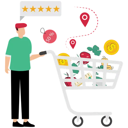 Homme faisant ses courses et ses achats essentiels  Illustration
