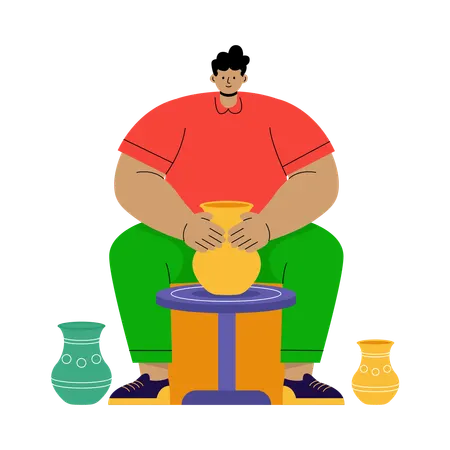 Homme fabriquant des pots en argile  Illustration