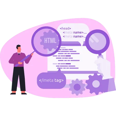 Homme effectuant des recherches sur les paramètres HTML  Illustration