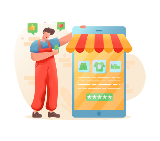 Homme faisant du shopping depuis une application mobile  Illustration