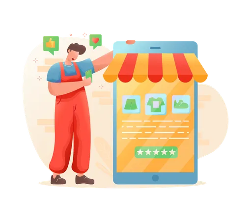 Homme faisant du shopping depuis une application mobile  Illustration