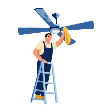 Un homme époussetant un ventilateur  Illustration