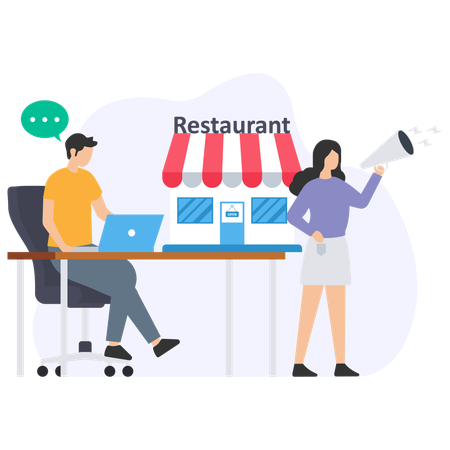 Homme faisant du marketing dans un restaurant  Illustration