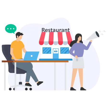 Homme faisant du marketing dans un restaurant  Illustration