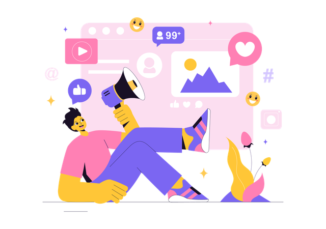 Homme faisant du marketing sur les réseaux sociaux  Illustration