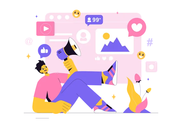 Homme faisant du marketing sur les réseaux sociaux  Illustration