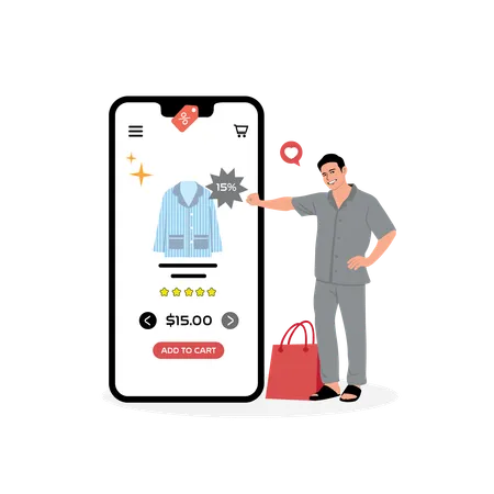 Un homme fait du shopping de vêtements sur une application mobile  Illustration