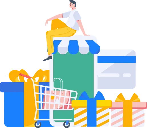 Homme faisant du shopping sur une application mobile  Illustration