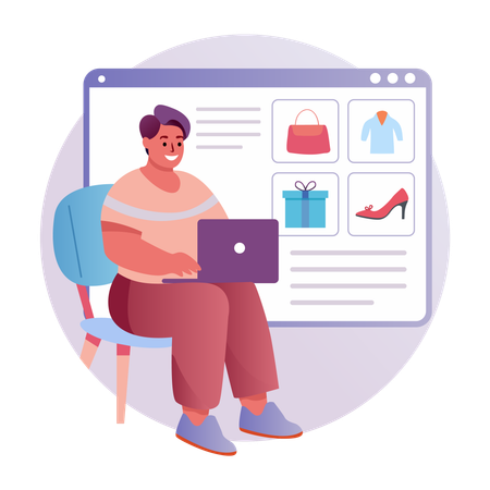 Un homme faisant du shopping sur un site Web  Illustration