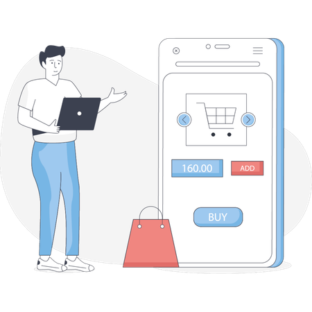 Un homme fait ses courses sur une application mobile en se concentrant sur son smartphone  Illustration