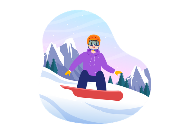 Homme faisant du snowboard sur glace dans la forêt de neige  Illustration