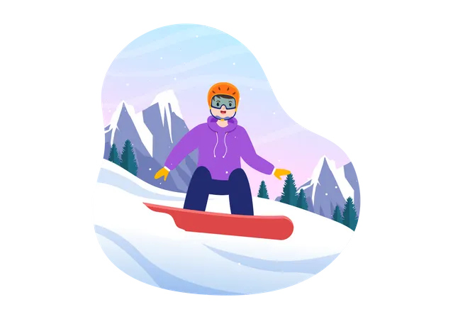 Homme faisant du snowboard sur glace dans la forêt de neige  Illustration