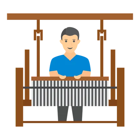 Homme fabriquant du tissu sur un métier à tisser  Illustration