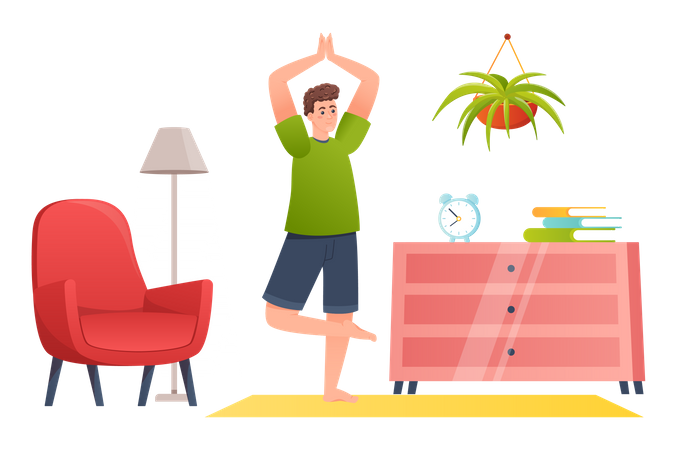 Homme faisant du yoga à la maison  Illustration