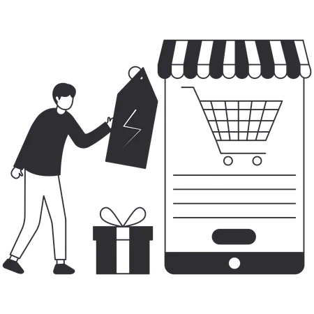 Homme faisant du shopping en utilisant un mobile sur la vente Flash  Illustration