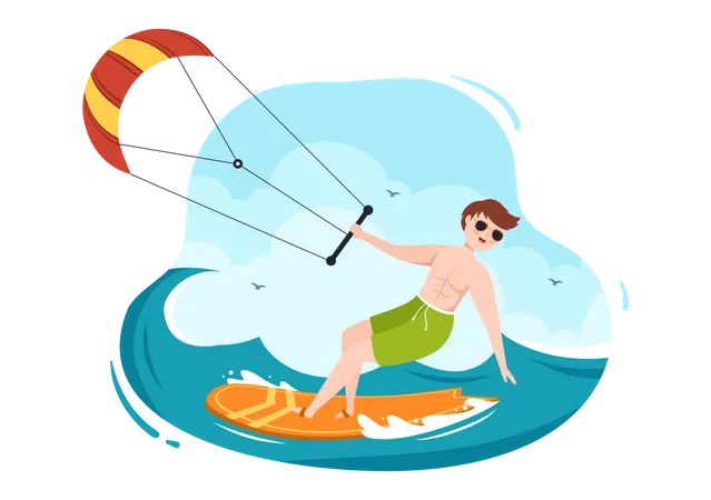 Kitesurf Dete Dactivites De Sports Nautiques Illustration De Dessin Anime Avec Un Gros Cerf Volant Sur Une Planche En Style Plat Illustration