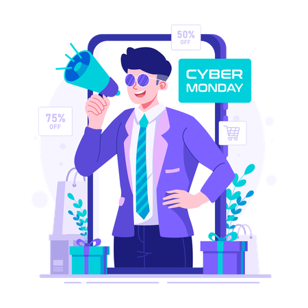 Homme faisant la promotion d'un prix réduit le cyber lundi  Illustration