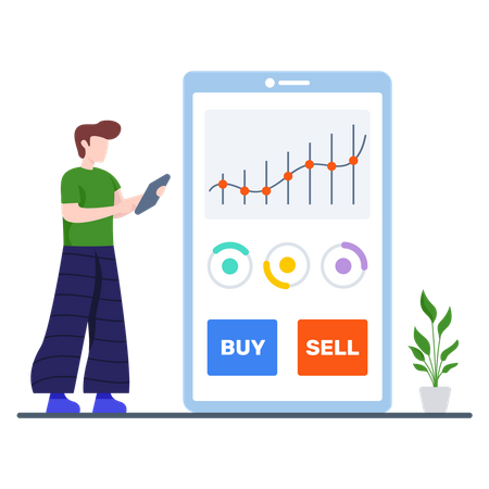 Homme faisant du trading d'actions sur mobile  Illustration