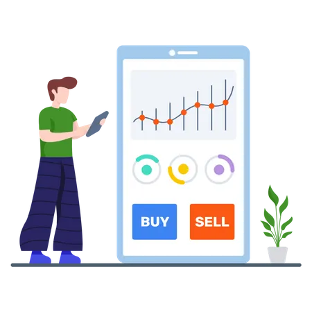 Homme faisant du trading d'actions sur mobile  Illustration