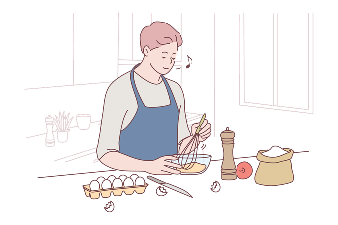 Homme faisant un plat d'oeufs  Illustration